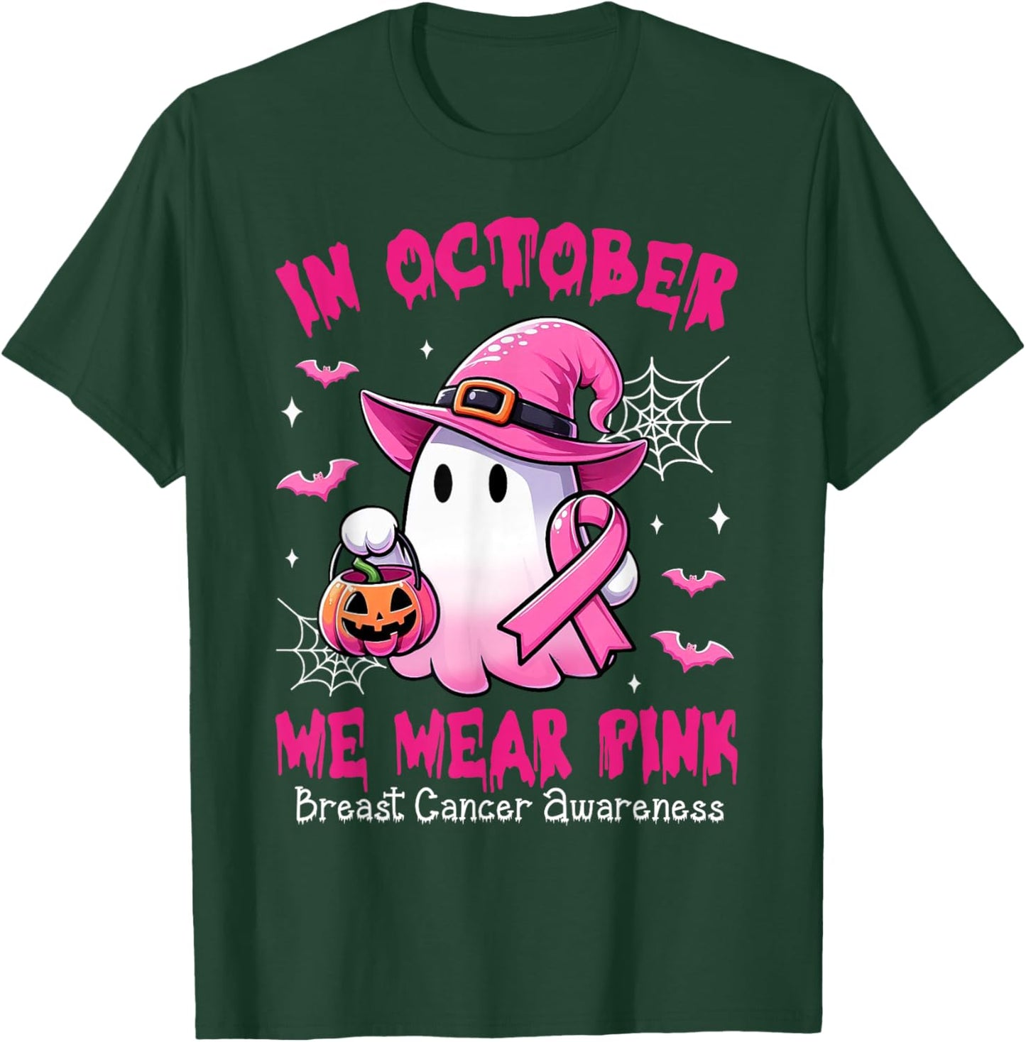 In October We Wear Pink Ghost Witch Breast Cancer Awareness T-Shirt - T-Shirt | Forest