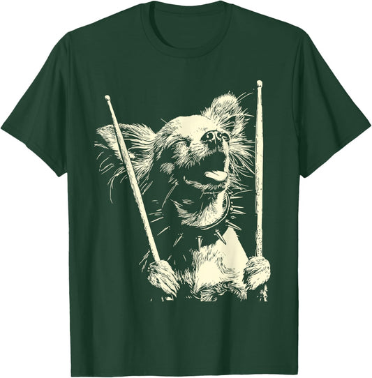 Chihuahua Playing Drums Funny Musician Dog Drummer Punk T-Shirt - T-Shirt | Forest