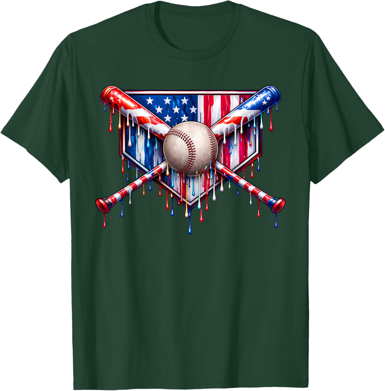 Patriotic Baseball Drip American Flag Boys Youth 4th of July T-Shirt - T-Shirt | Forest