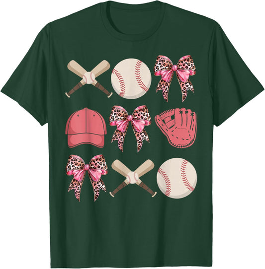 Baseball Mama Coquette Bow Baseball Mom Leopard Bow Ribbon T-Shirt - T-Shirt | Forest
