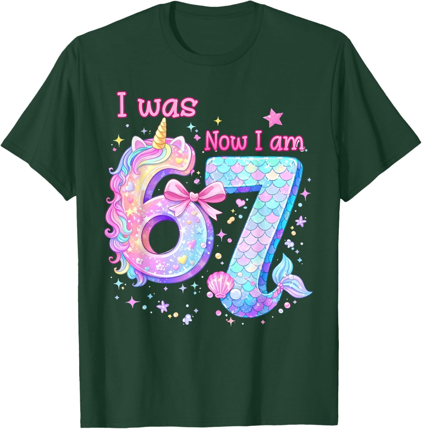 I was 6 Now I'm 7 Mermaid Unicorn Coquette Bow Birthday Girl T-Shirt - T-Shirt | Forest