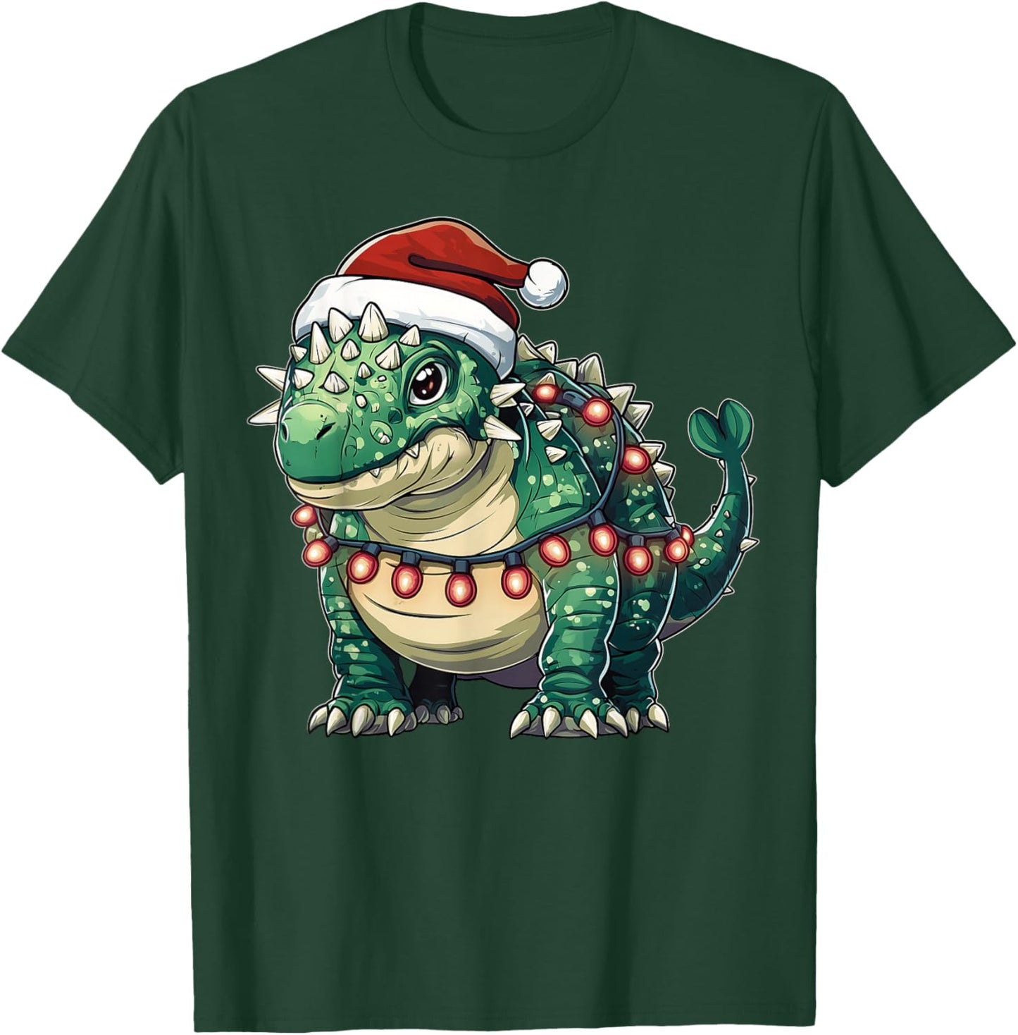 Ankylosaurus Dinosaur Christmas - -Adults/Kids - Red - Short Sleeve - U-Neck - Small - Christmas Dinosaur T-Shirt - T-Shirt | Forest