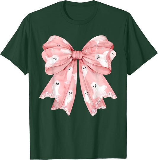 Pink Ghost Bow Coquette Halloween Spooky Season Girls T-Shirt - T-Shirt | Forest