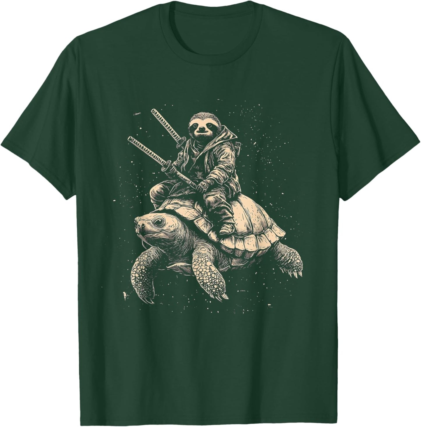 Sloth on Turtle with Katana Cool Samurai Animal Design T-Shirt - T-Shirt | Forest