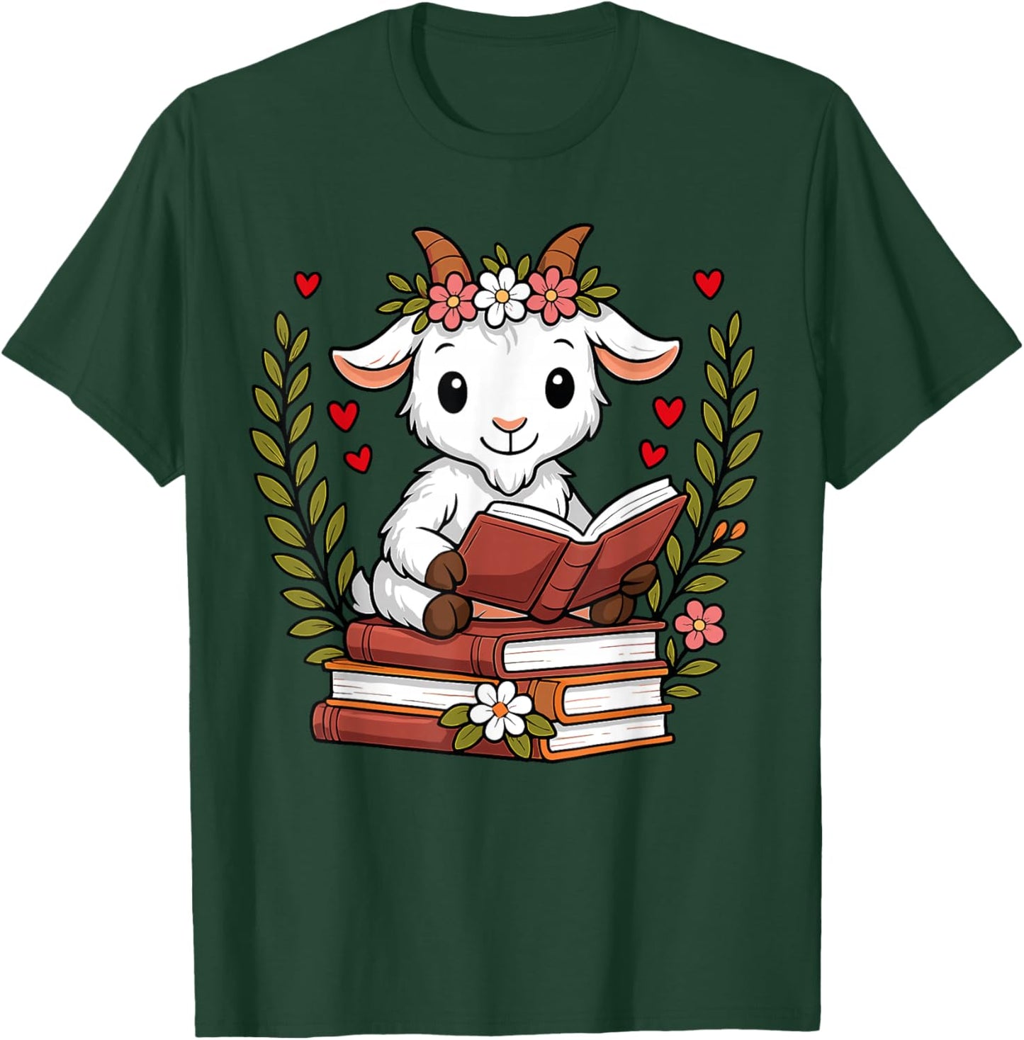 Goat Reading Book Graphic Goat with Book Floral T-Shirt - T-Shirt | Forest