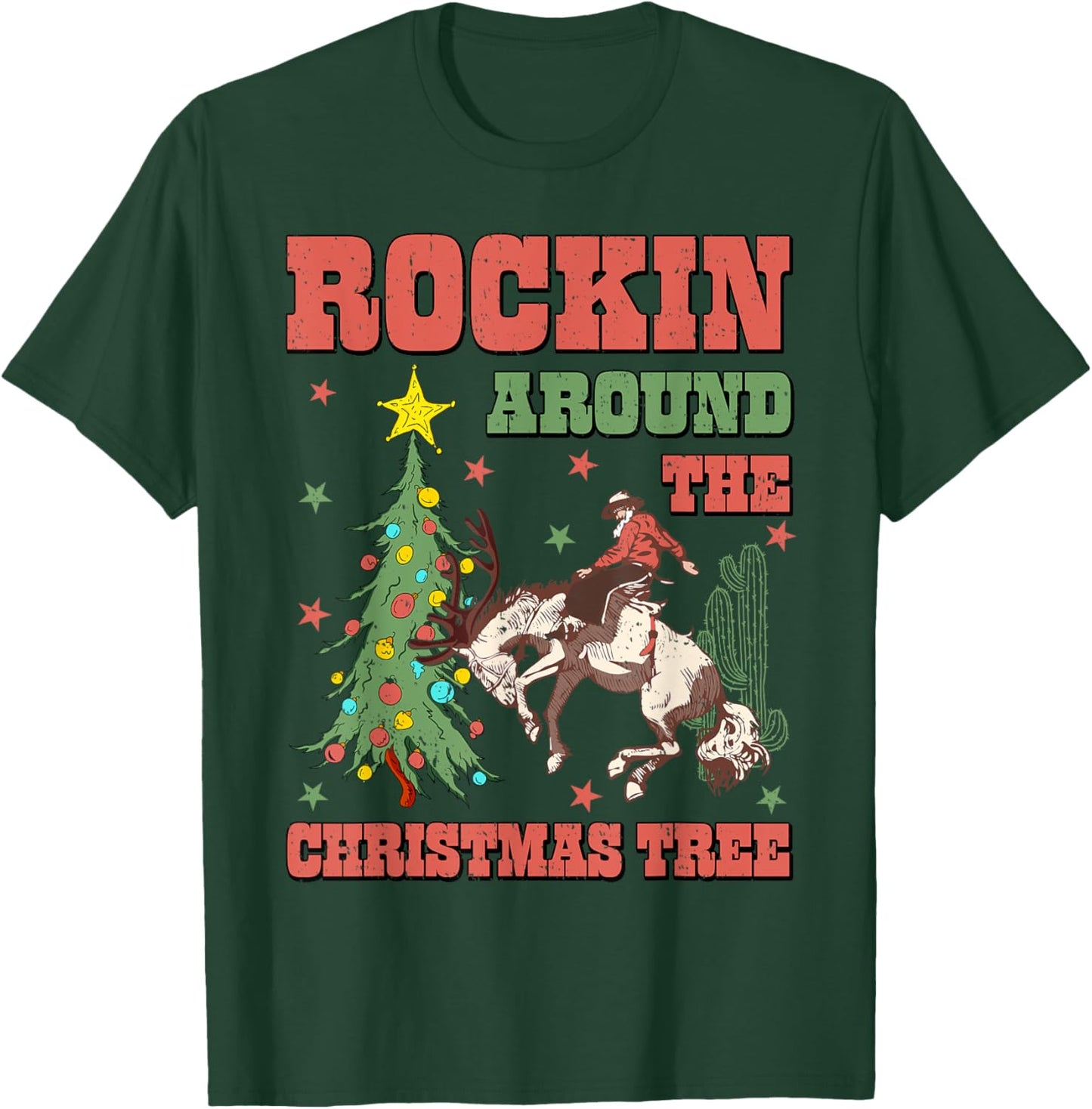 Rocking Around The Christmas Tree Cowboy Riding Horse Xmas T-Shirt - T-Shirt | Forest