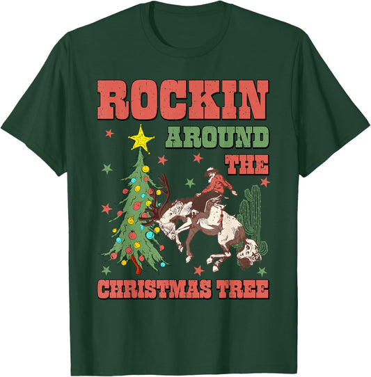 Rocking Around The Christmas Tree Cowboy Riding Horse Xmas T-Shirt - T-Shirt | Forest