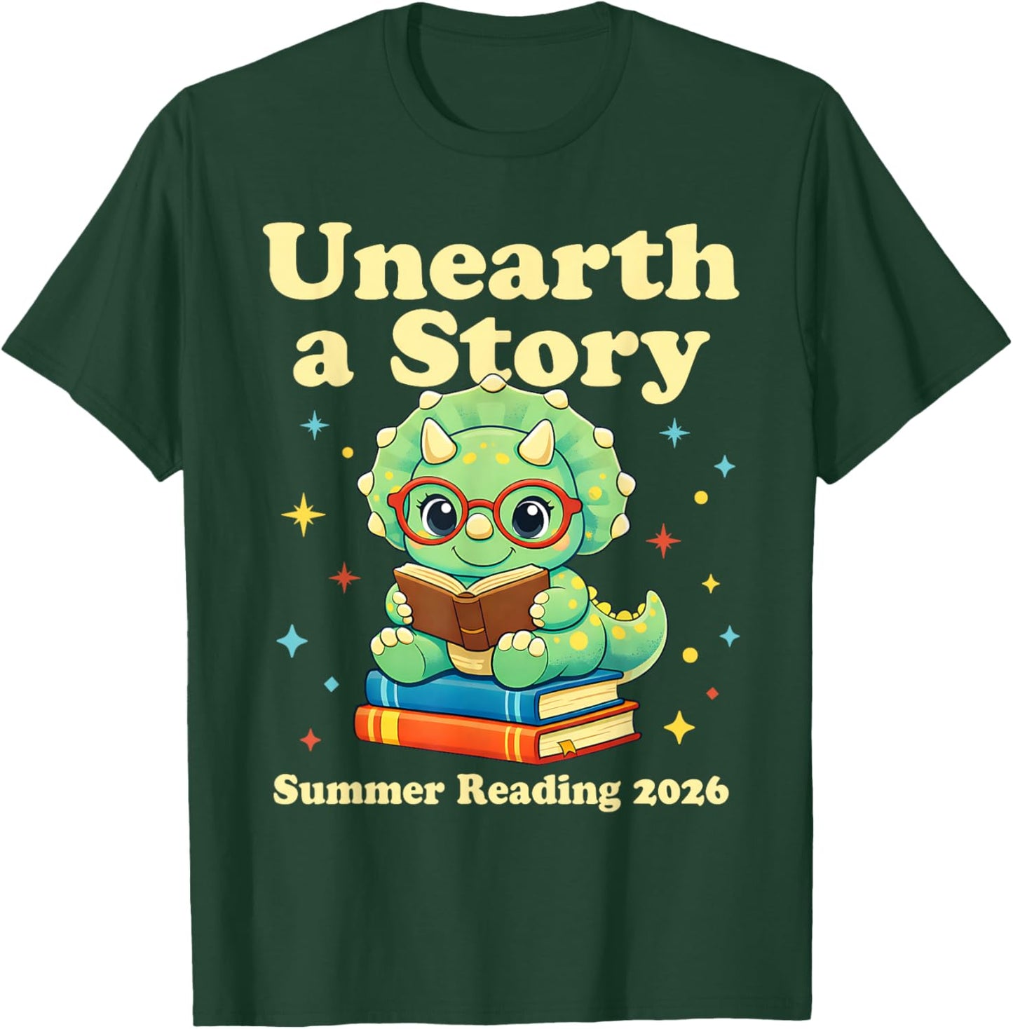 Unearth A Story Summer Reading 2026 Dinosaur Book Floral T-Shirt - T-Shirt | Forest