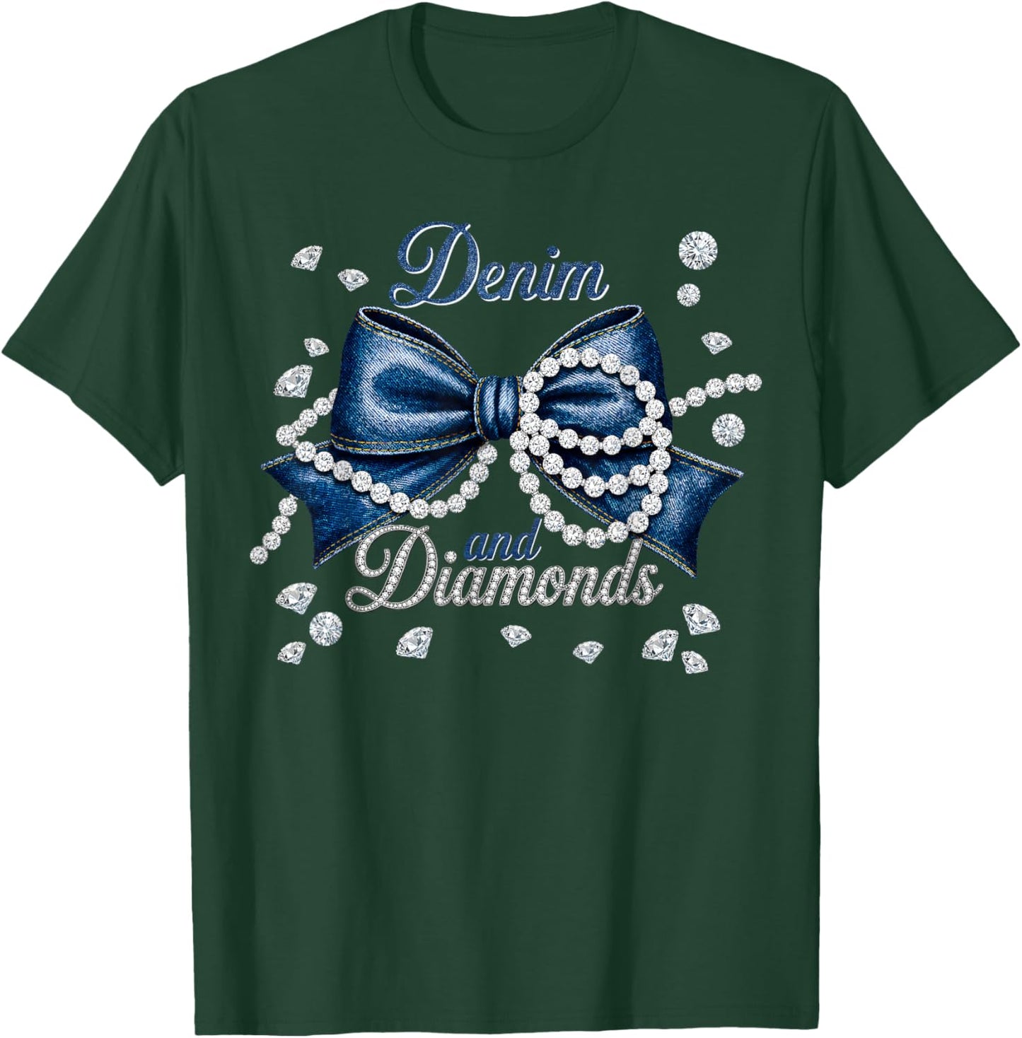 Denim and Diamonds Bow Western Cowgirl Ladies Girls Women T-Shirt - T-Shirt | Forest