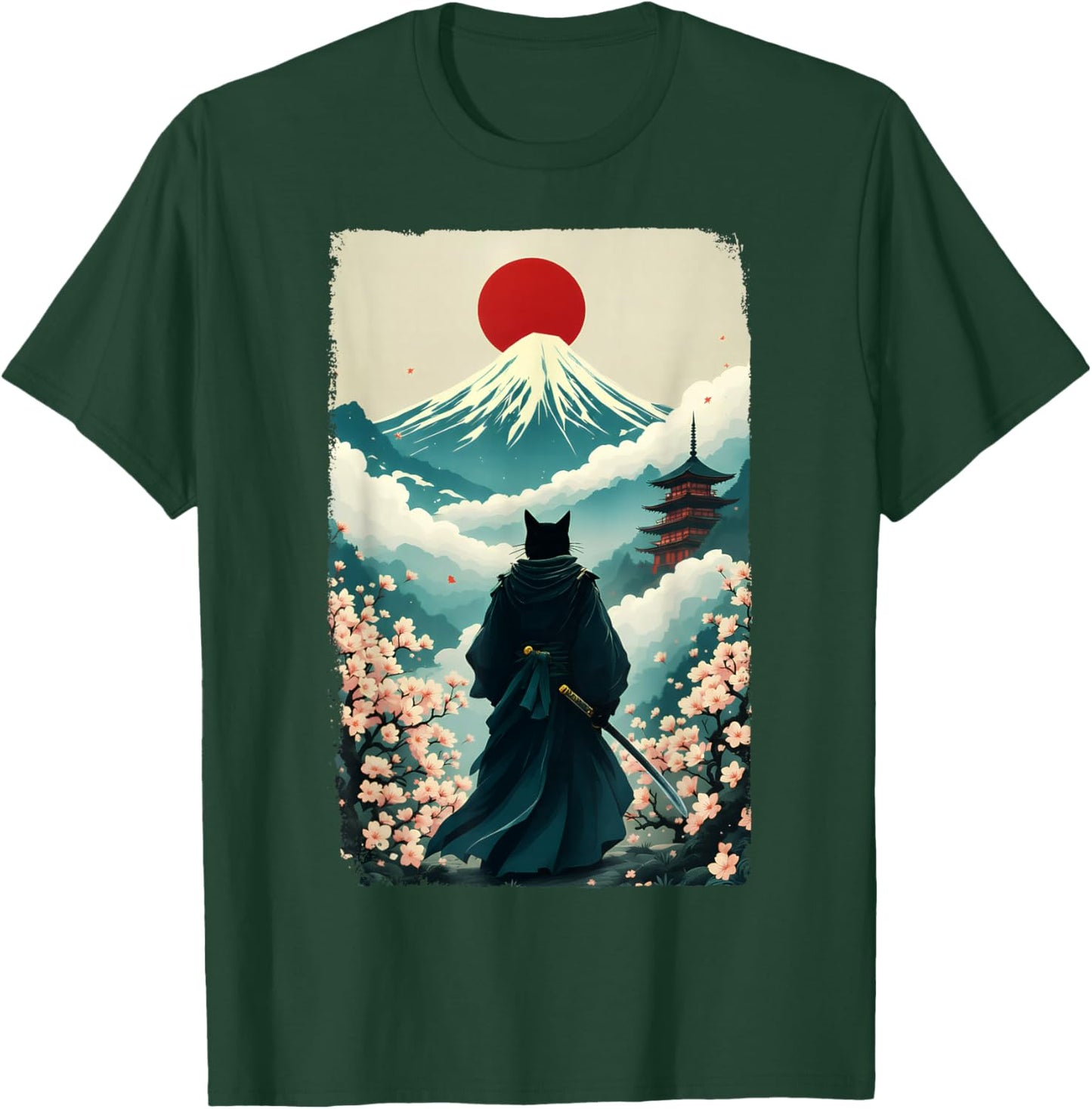 Samurai Cat Warrior Fuji Mount Vintage Japanese Art Graphic T-Shirt - T-Shirt | Forest