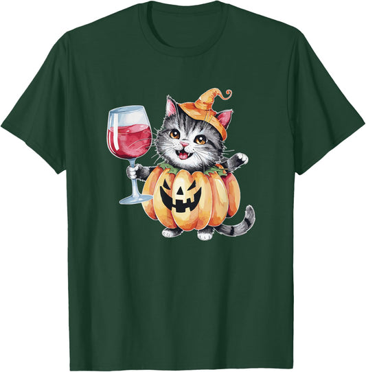 Cute Pumpkin Cat Wine Glass Halloween Cats Trick Or Treat T-Shirt - T-Shirt | Forest