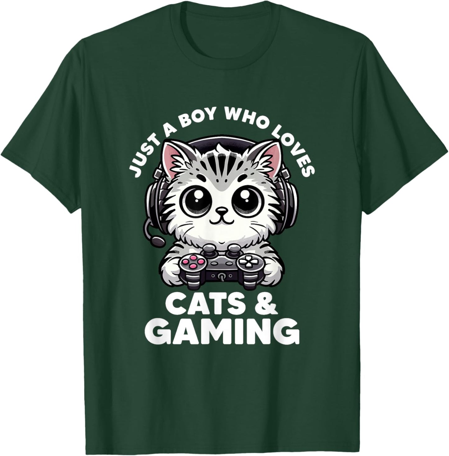 Just A Boy Who Loves Cats & Gaming Boy Cat Dad Funny Gamer T-Shirt - T-Shirt | Forest