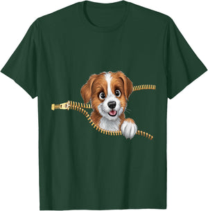 Cute Dog in Pocket Funny Zipper Pocket Graphic Design Puppy T-Shirt - T-Shirt | Forest