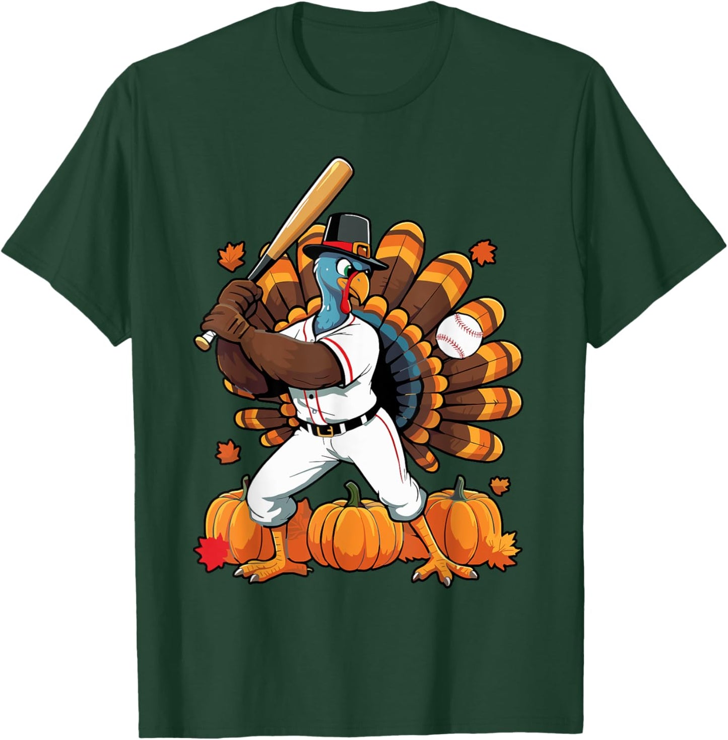 Turkey Playing Baseball Thanksgiving Baseball Player Boy Men T-Shirt - T-Shirt | Forest