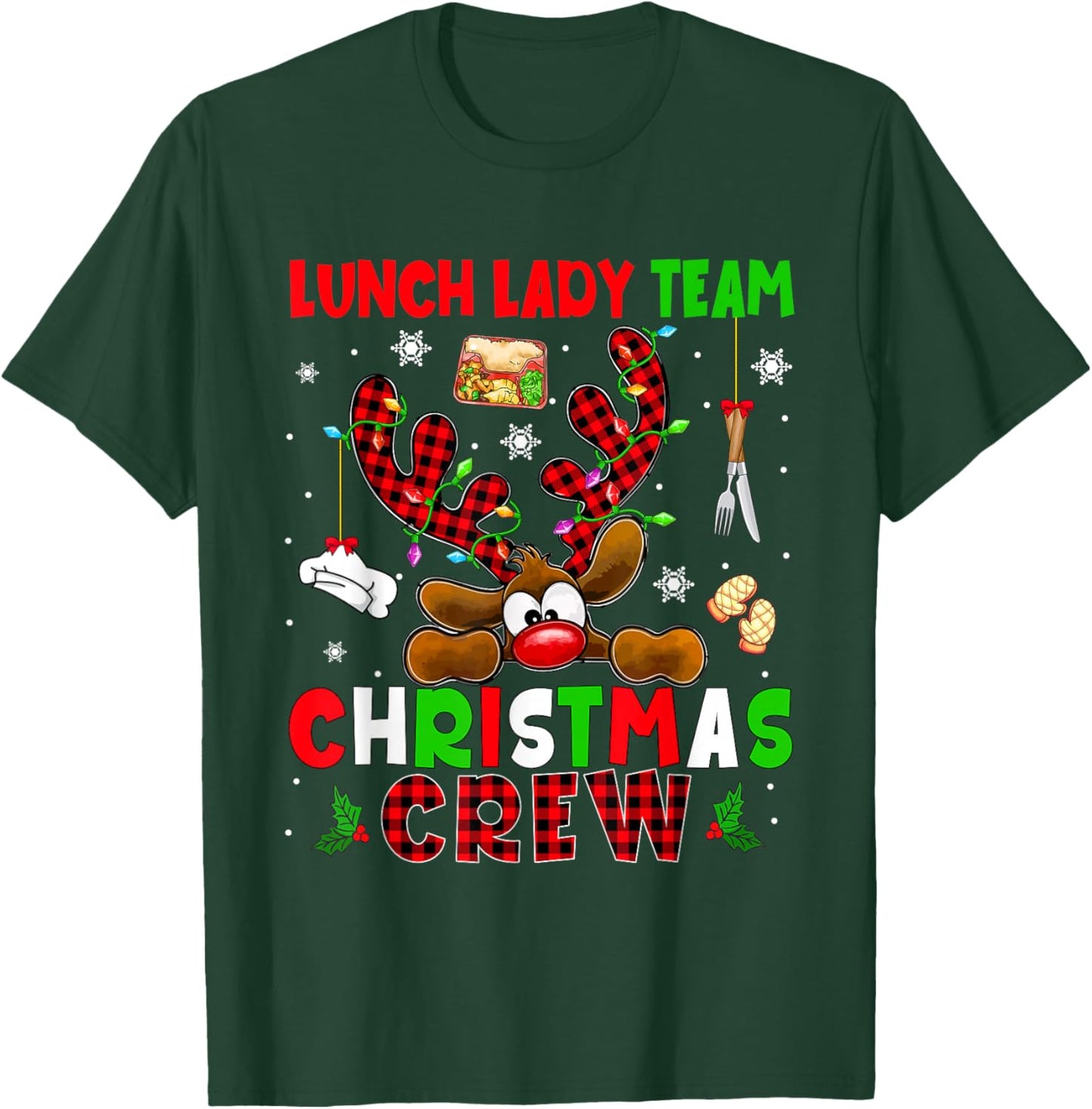 Lunch Lady Team Christmas Crew Proud Job Colorful Reindeer T-Shirt - T-Shirt | Forest