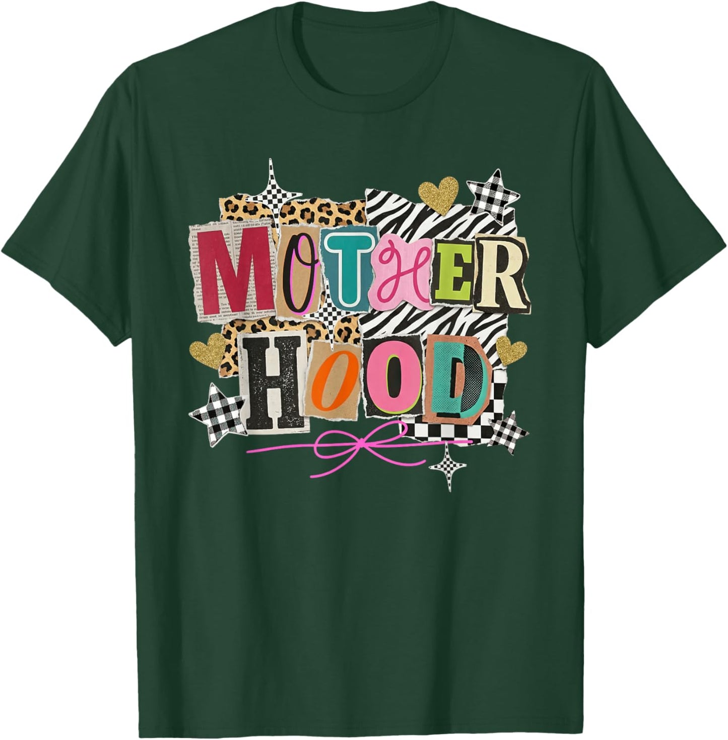Motherhood Collage Mother Day Coquette Bow Leopard Mom Mama T-Shirt - T-Shirt | Forest