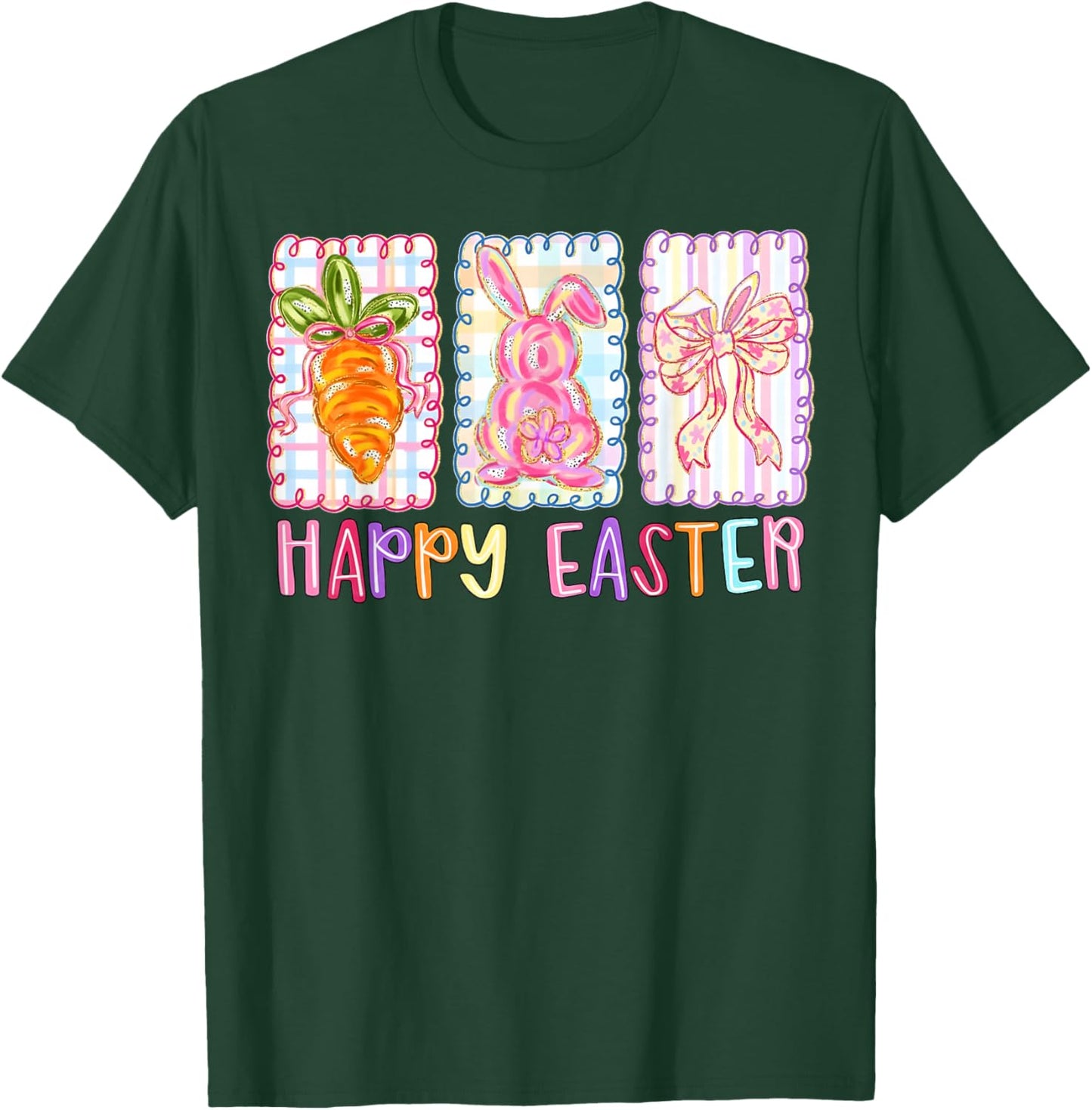 Happy Easter Brushstroke Bunny Carrot Coquette Bow Girl Kid T-Shirt - T-Shirt | Forest