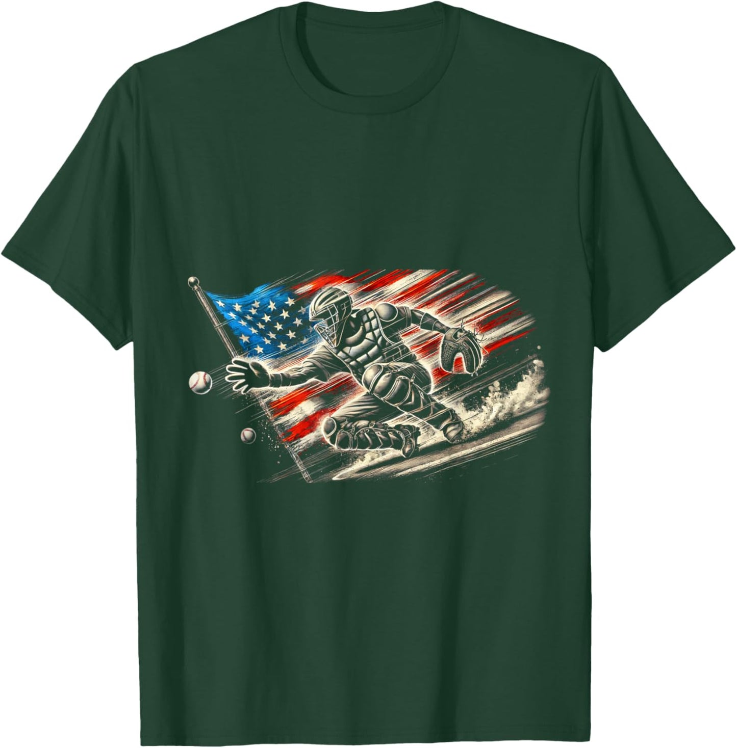 American Flag Baseball Player Bat Fan Catcher Pitcher USA T-Shirt - T-Shirt | Forest