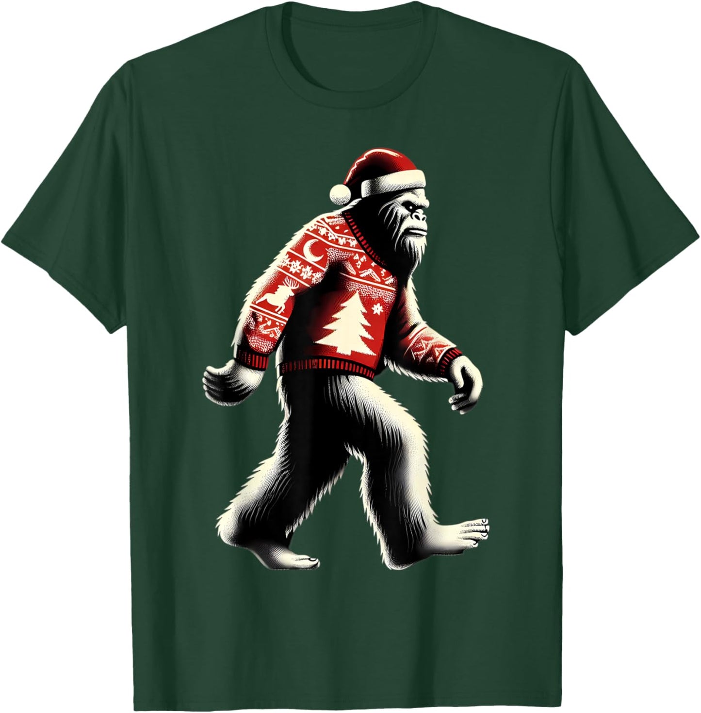 Walking Sasquatch With Santa Hat Christmas Big-foot Funny T-Shirt - T-Shirt | Forest