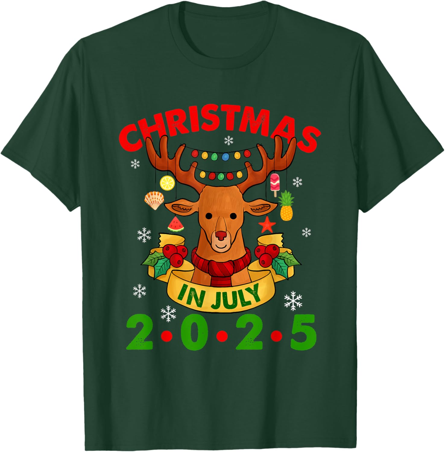 Christmas In July 2025 Reindeer Xmas Lights Summer Men Women Girls Kids T-Shirt - T-Shirt | Forest