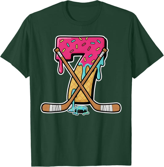 7 Year Old Hockey Ice Cream Drip Youth 7th Birthday Boys T-Shirt - T-Shirt | Forest