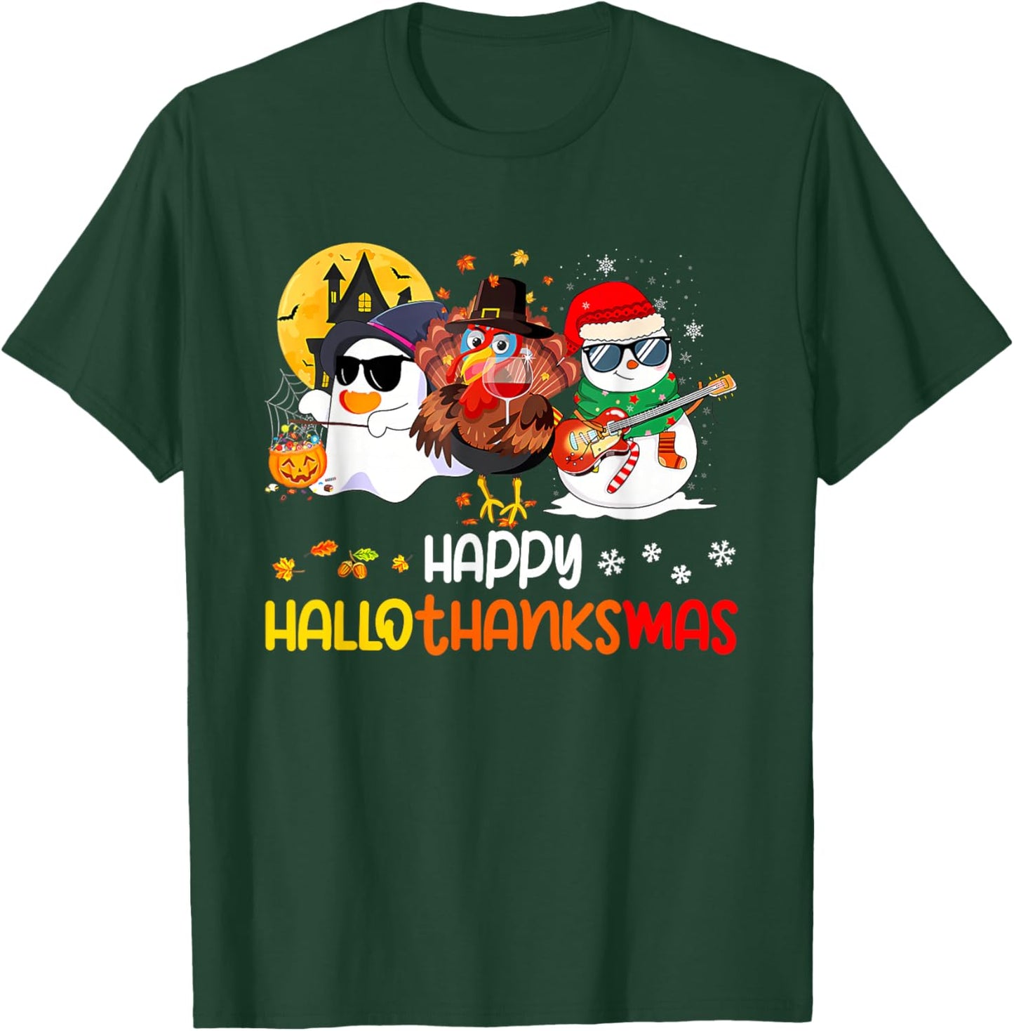 Happy Hallothanksmas Cute Ghost Halloween Thanksgiving Xmas T-Shirt - T-Shirt | Forest