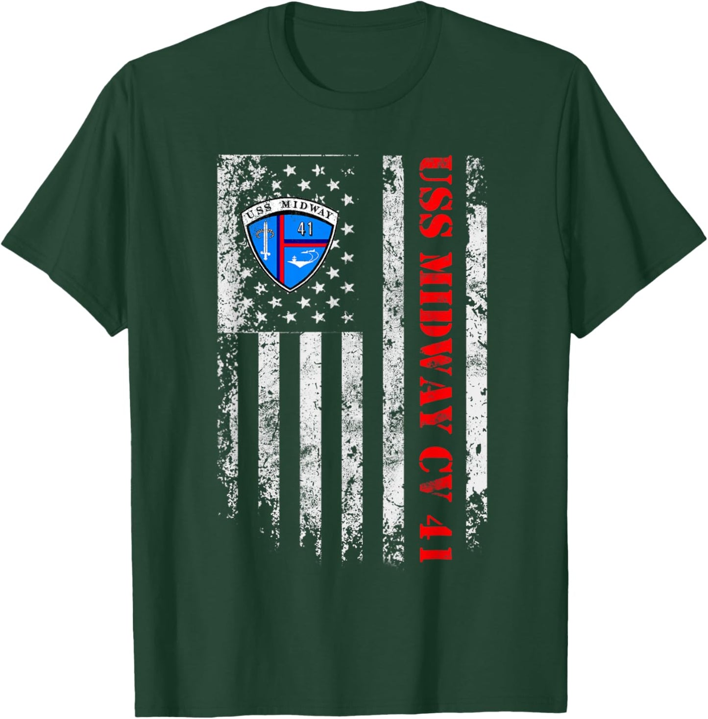 USS Midway CV 41 Aircraft Carrier Veteran USA Flag Vintage T-Shirt - T-Shirt | Forest