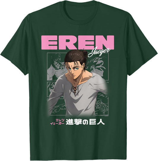 AOT Eren Jaeger Pink Text Crush Collage with Kanji Anime T-Shirt - T-Shirt | Forest