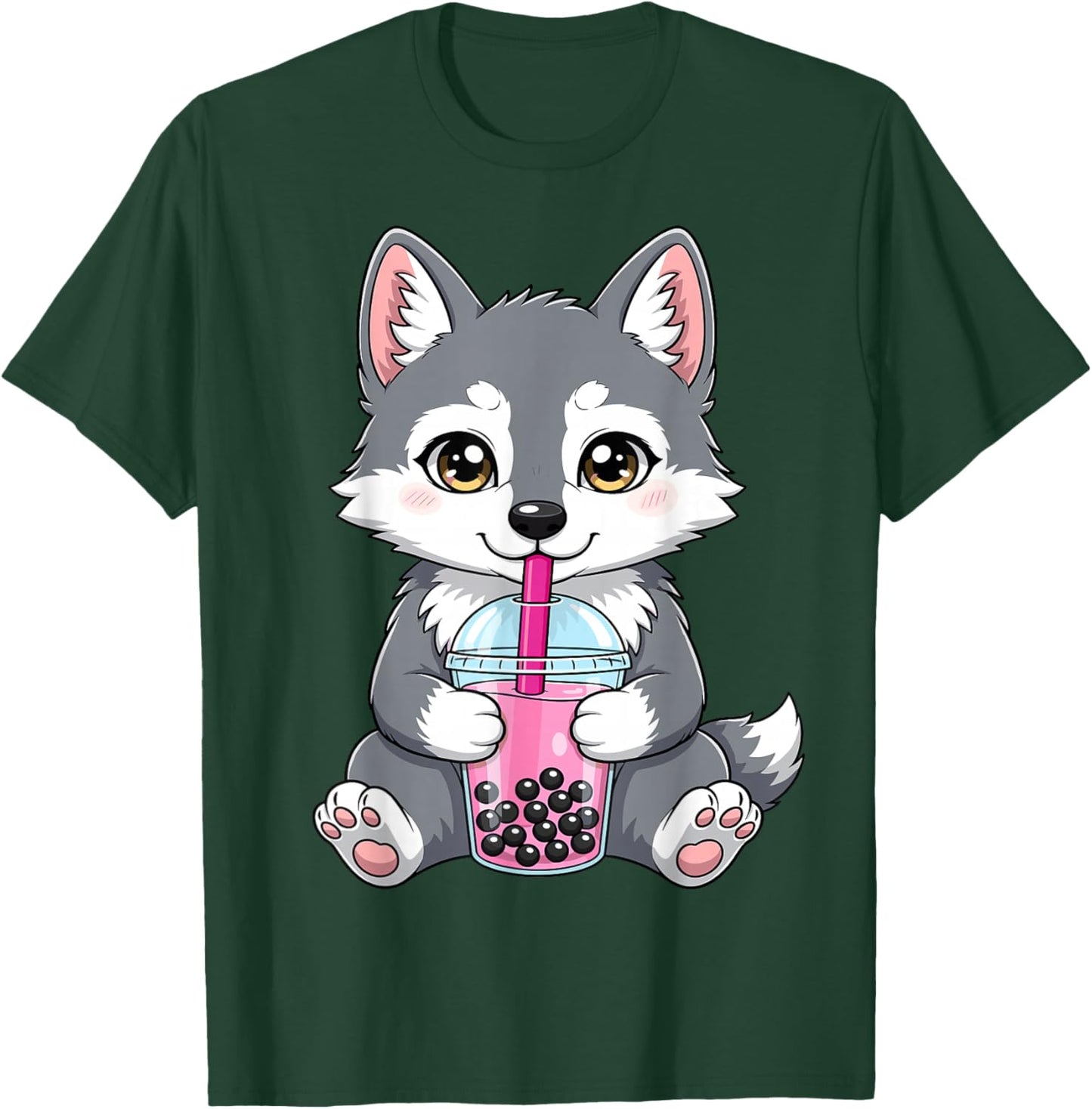 Wolf with Boba Bubble Tea Cute Kawaii T-Shirt - T-Shirt | Forest