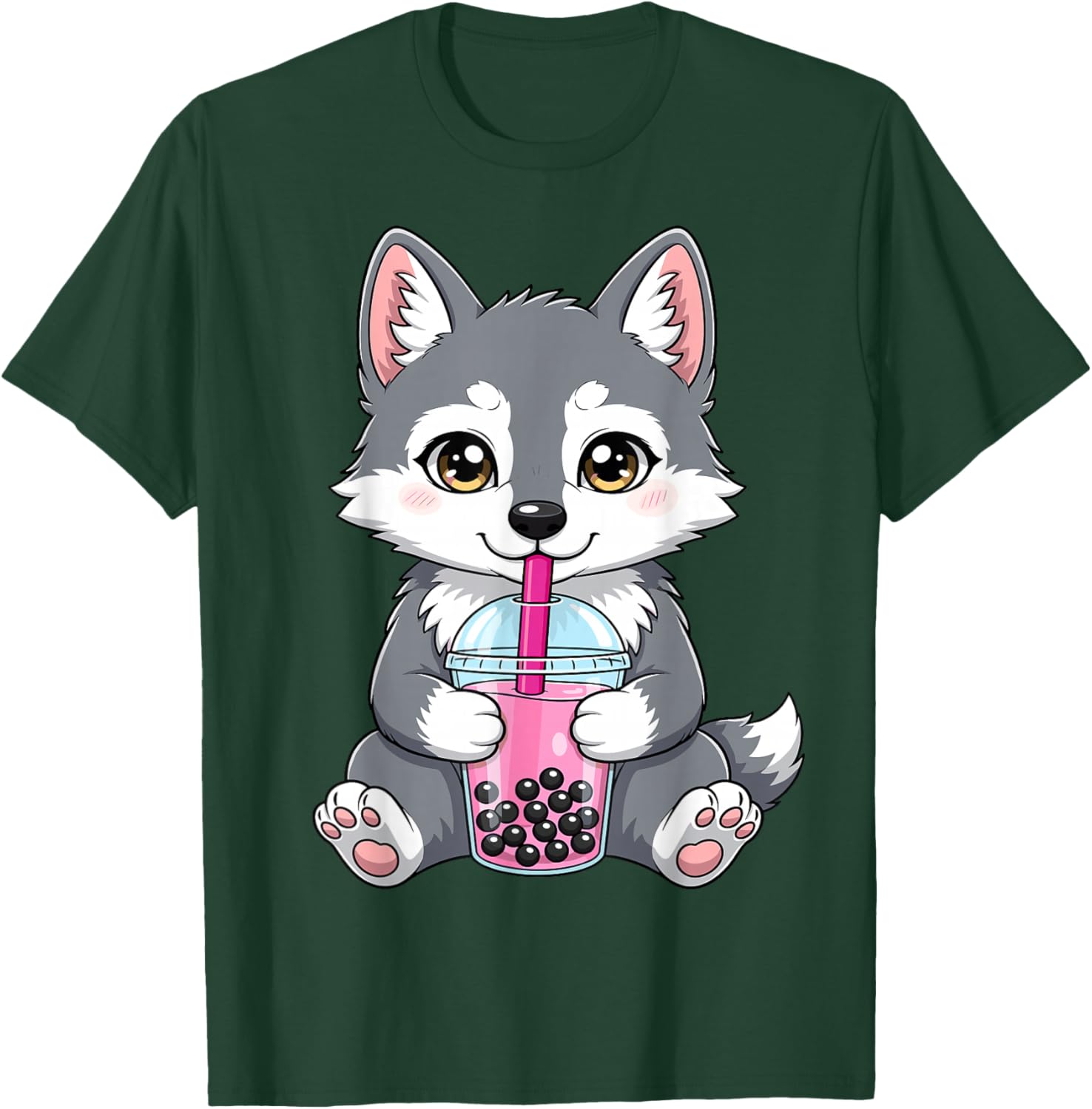 Wolf with Boba Bubble Tea Cute Kawaii T-Shirt - T-Shirt | Forest