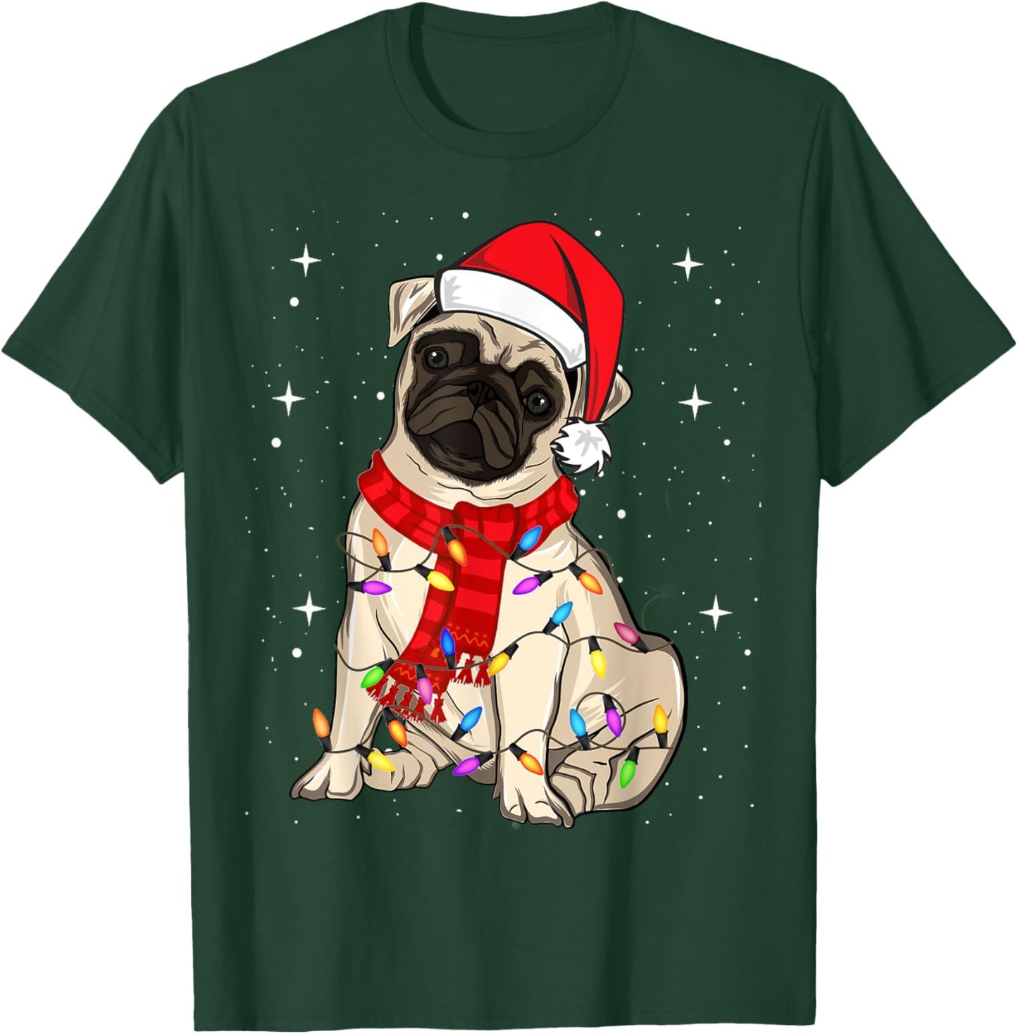 Pug Dogs Christmas Light Santa Hat Puggy Lover Xmas T-Shirt - T-Shirt | Forest