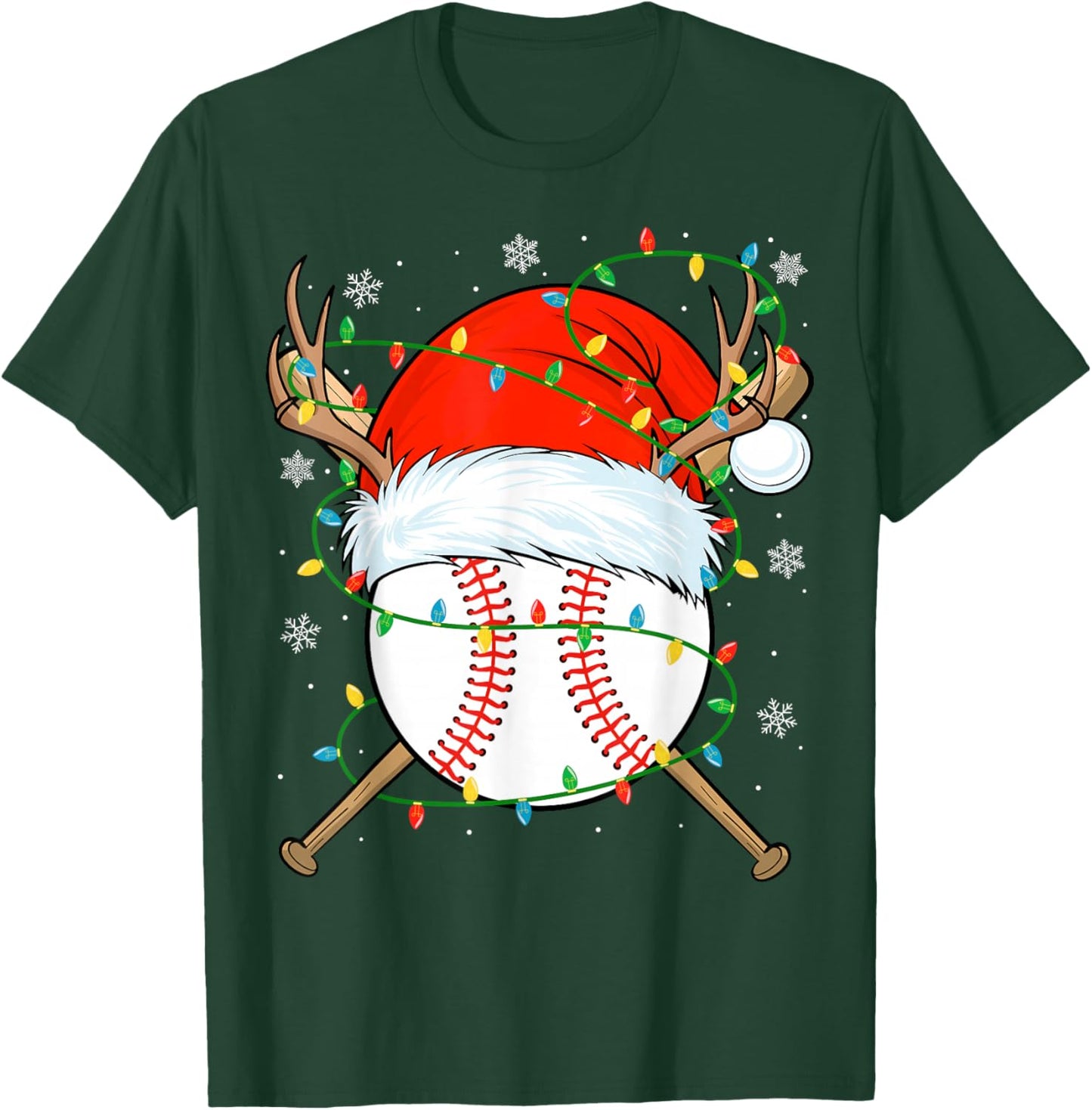 Santa Baseball Ball Xmas Lights Christmas Baseball Player T-Shirt - T-Shirt | Forest