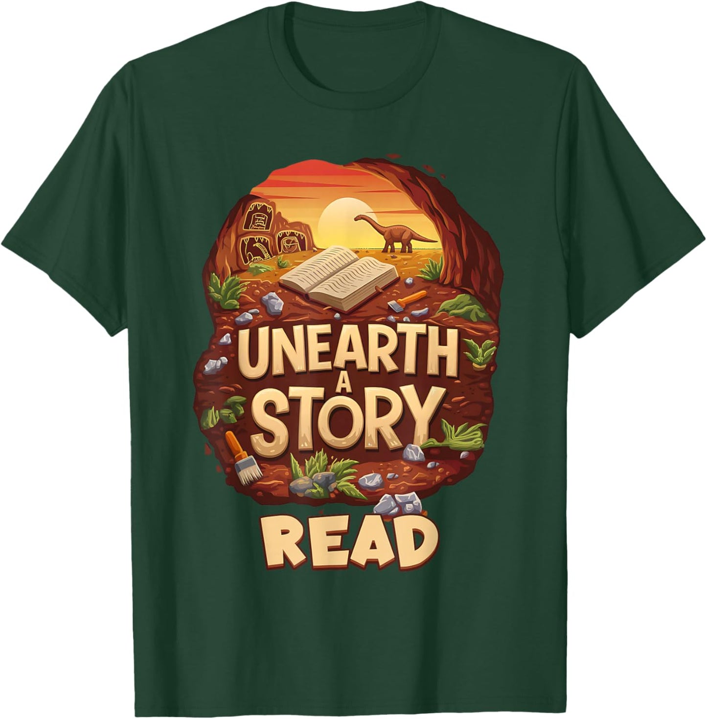 Unearth A Story : READ Library Reading T-Shirt - T-Shirt | Forest