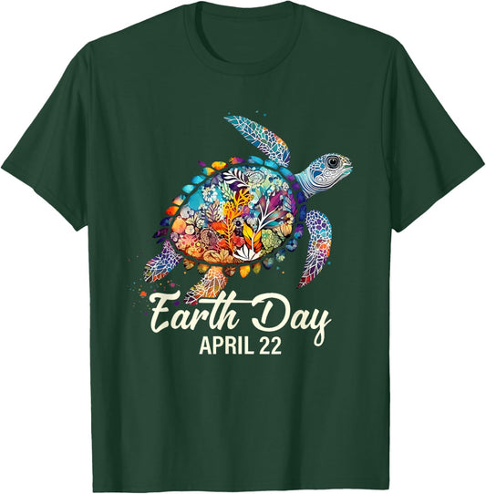 Earth Day 2025 Restore Earth Sea Turtle Art Save the Planet T-Shirt - T-Shirt | Forest