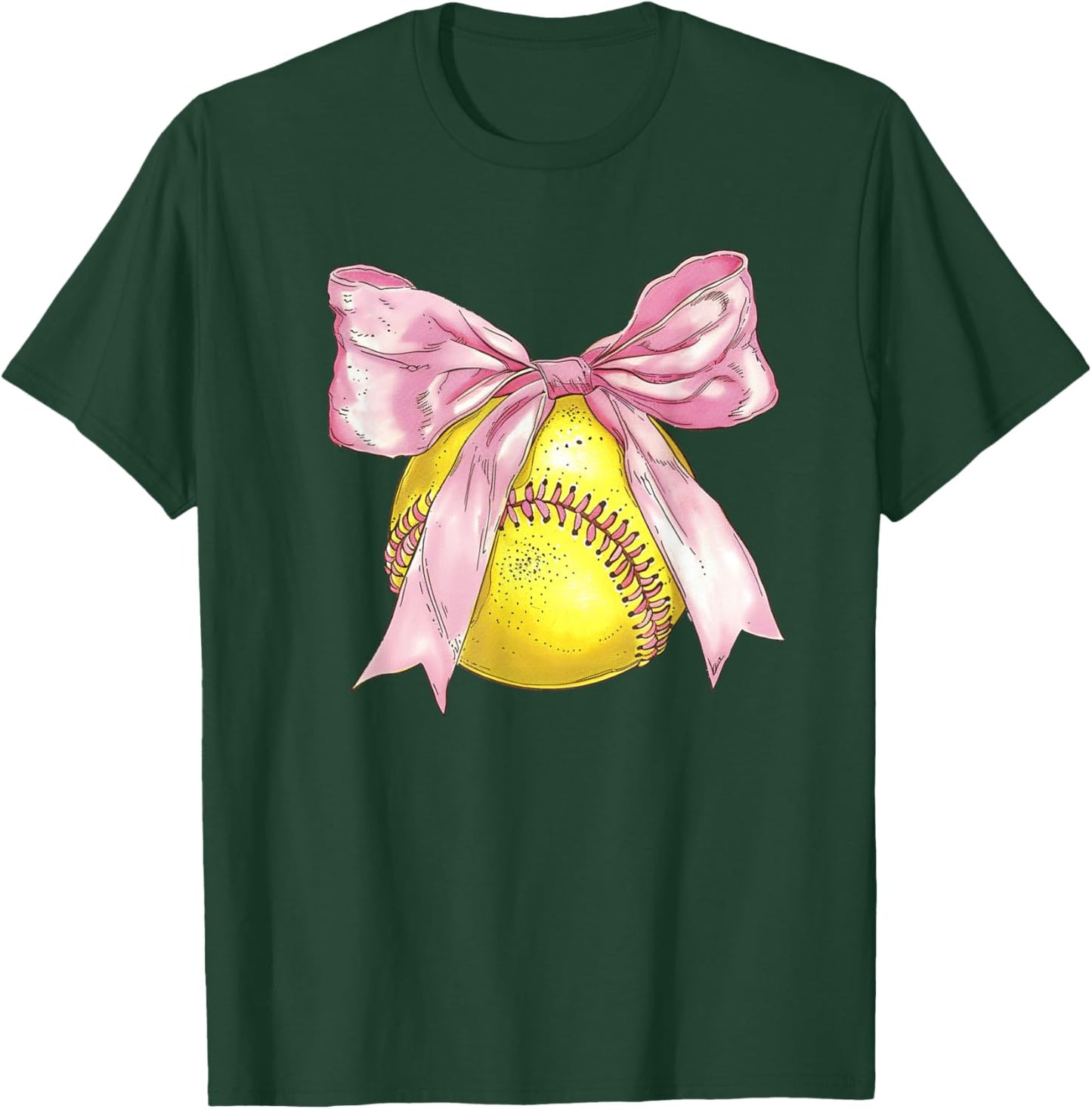 Girls Softball Coquette Bow Ribbon Mom Daughter Softball T-Shirt - T-Shirt | Forest
