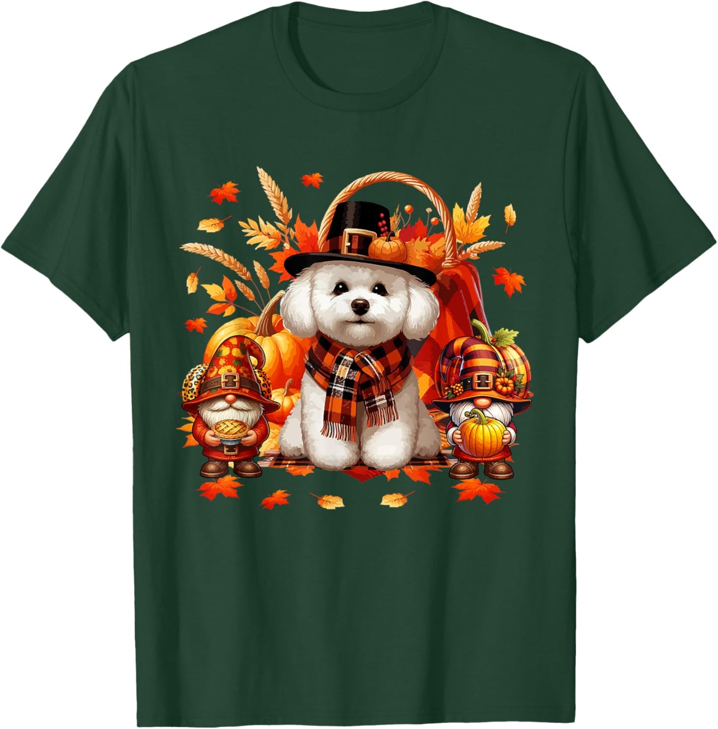 Thanksgiving Bichon Frise With Gnomes Fall Leaves Pumpkins T-Shirt - T-Shirt | Forest