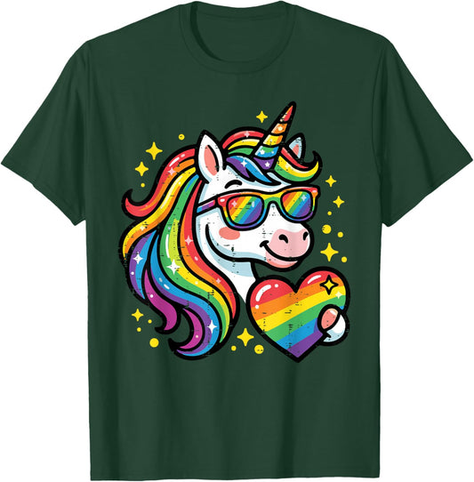 Rainbow Gay Unicorn Heart LGBTQ Pride Ally Girls Kids Women T-Shirt - T-Shirt | Forest