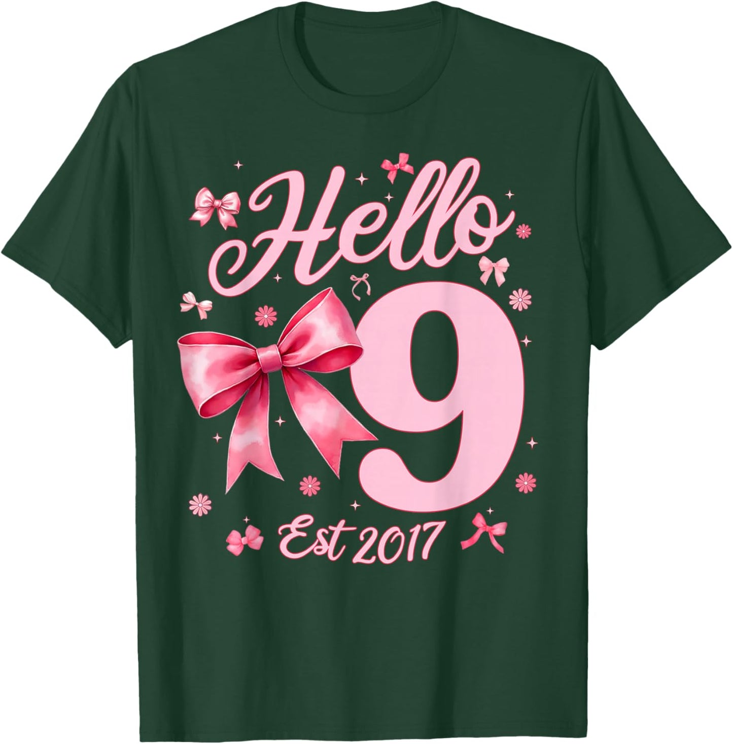 9th Birthday Girl Coquette Bow Hello Nine Est 2017 9 Yr Old T-Shirt - T-Shirt | Forest