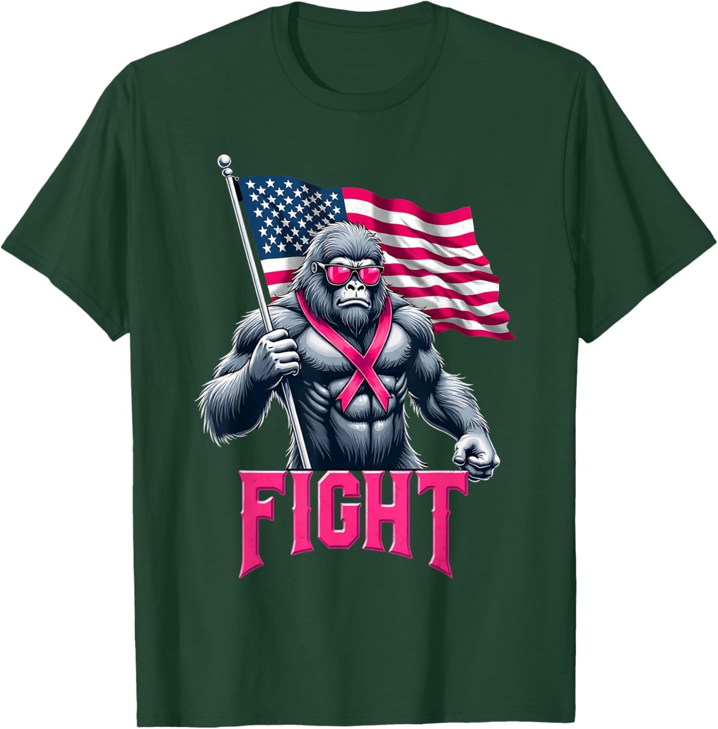 Bigfoot Sasquatch Fight Breast Cancer Awareness Pink Ribbon T-Shirt - T-Shirt | Forest