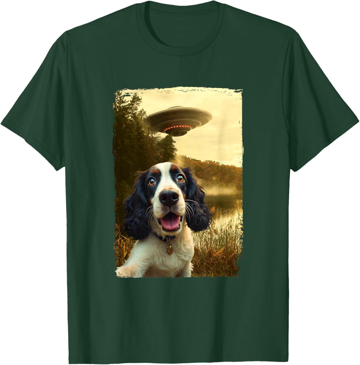 Funny English Cocker Spaniel Dog UFO Encounter Selfie Aliens T-Shirt - T-Shirt | Forest