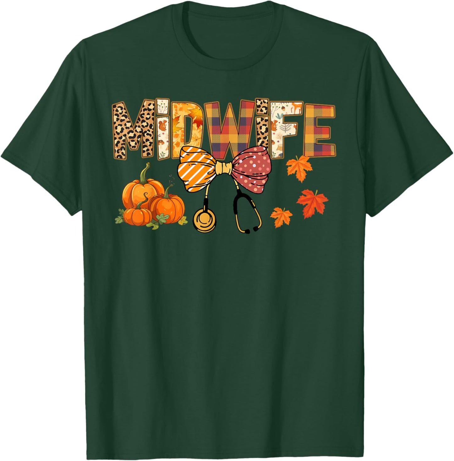 Cute Midwife Coquette Bow Stethocope Fall Pumpkin Autumn T-Shirt - T-Shirt | Forest