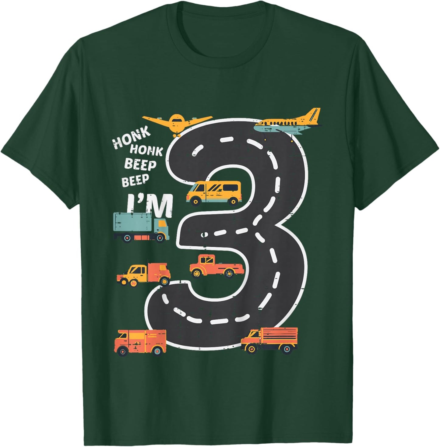 Kids 3rd Birthday 3 Road Honk Beep Im Three Bday Vehicle Boys Kid T-Shirt - T-Shirt | Forest