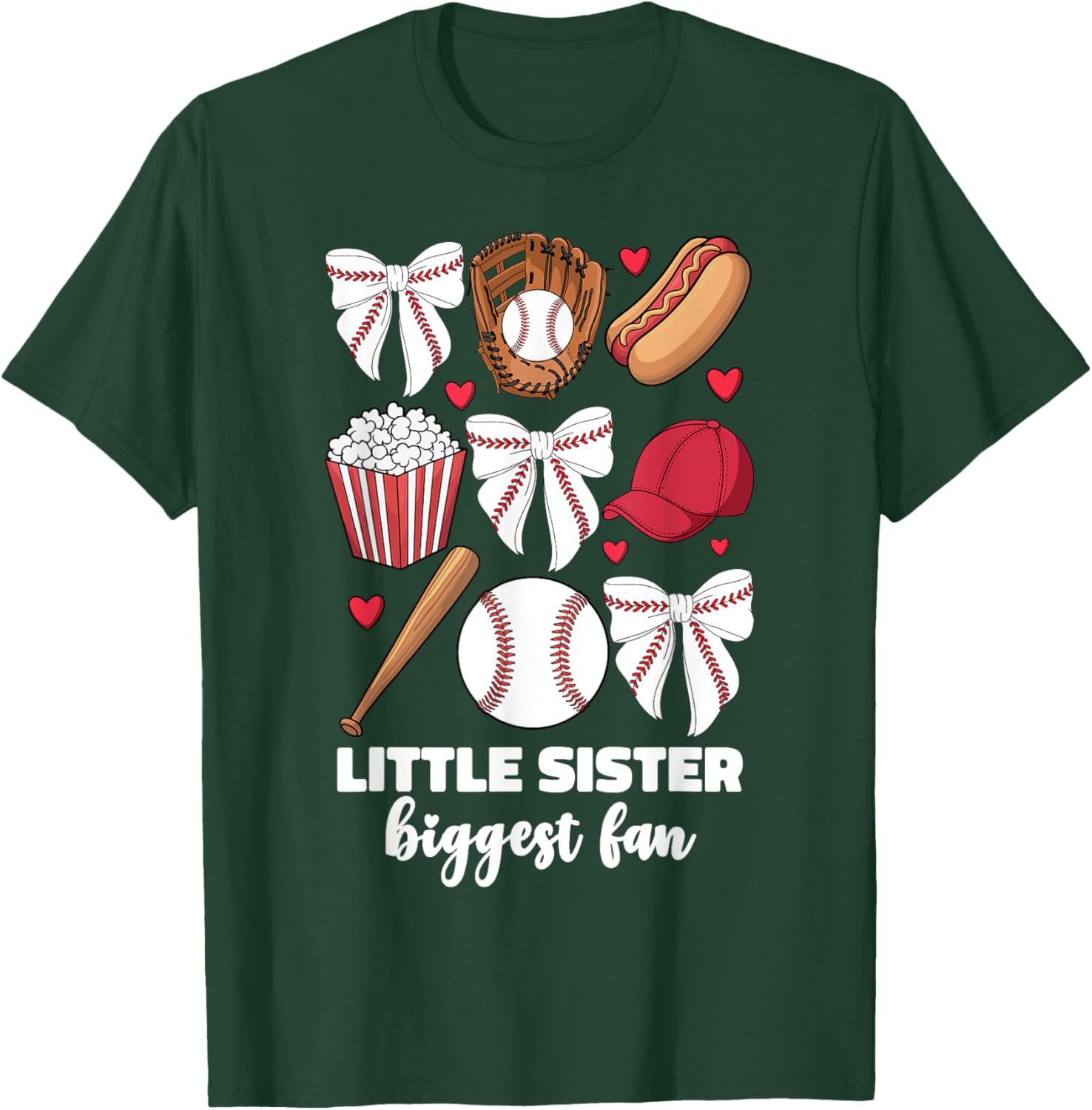 Little Sister Biggest Fan Baseball Baby Girls Coquette Bow T-Shirt - T-Shirt | Forest