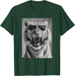 Roaring Tiger with Sunglasses Stylish Feline Animal Photo T-Shirt - T-Shirt | Forest