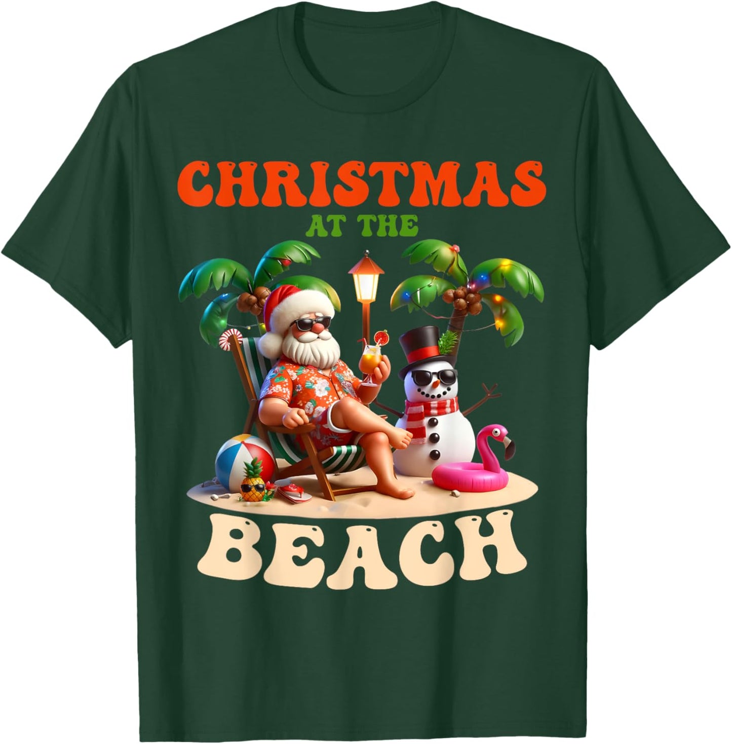 Christmas At The Beach Xmas In July Snowman Flamingo Summer T-Shirt - T-Shirt | Forest