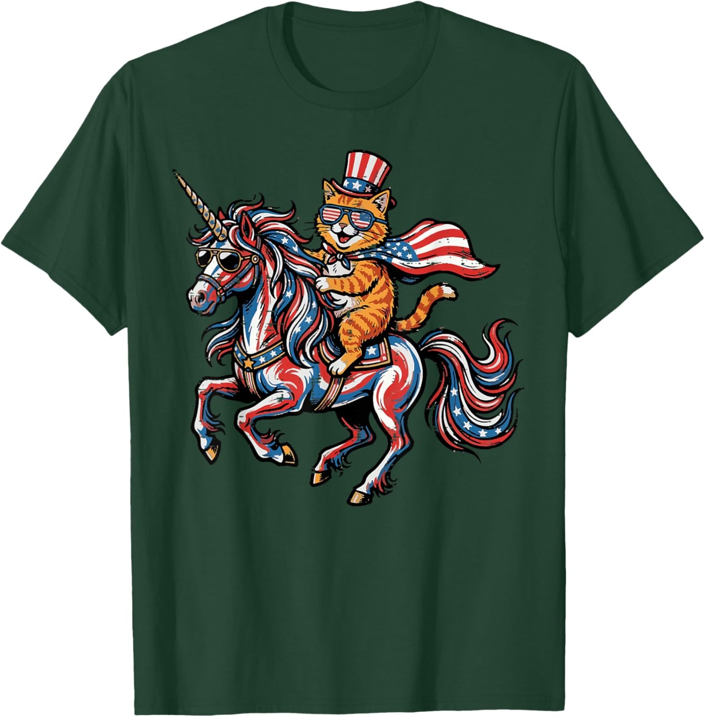 4th of July Cat On Unicorn US Flag Patriotic Women Girl Kids T-Shirt - T-Shirt | Forest
