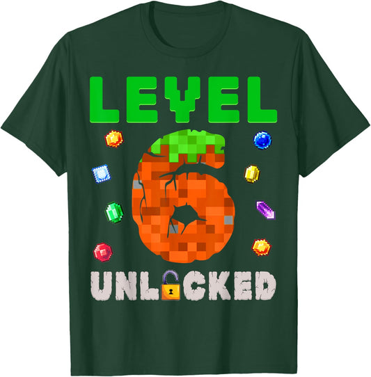 Funny 6th Birthday Boy Level 6 Unlocked Video Game Pixel T-Shirt - T-Shirt | Forest