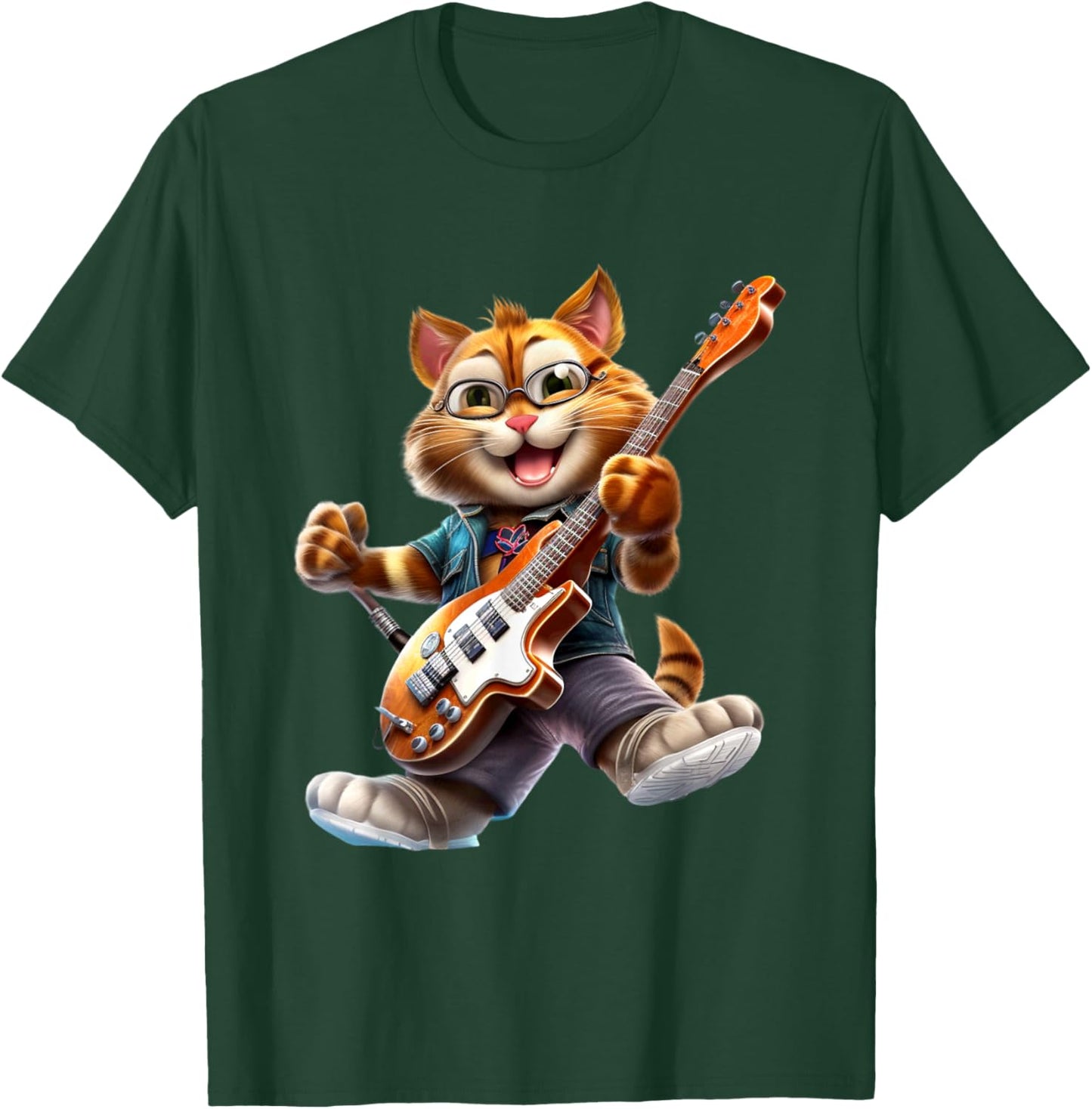 Cool Cat Rocker Electric Guitar Player Feline Musician T-Shirt - T-Shirt | Forest