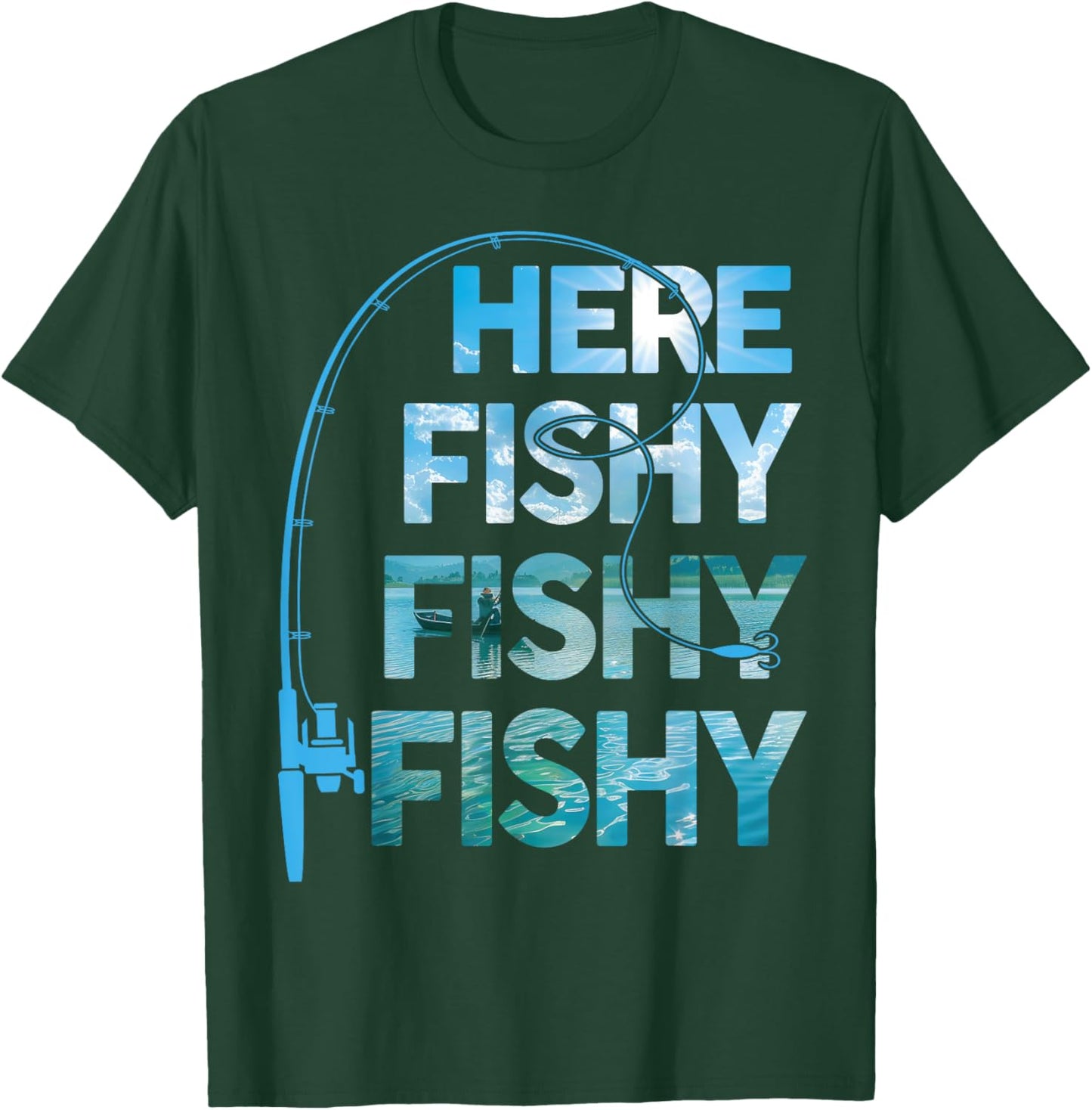 Fishing-Shirt Here-Fishy Fisherman Funny Bass Fish Dad T-Shirt - T-Shirt | Forest