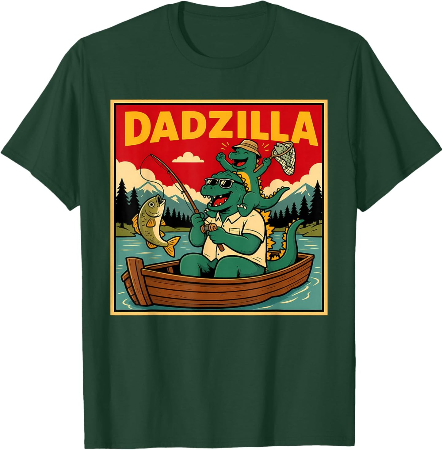 Dadzilla Fishing Dinosaur Father and Son Retro T-Shirt - T-Shirt | Forest